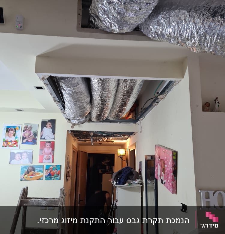 תעלות מיזוג אוויר מכוסות בנייר כסף בתקרה פתוחה